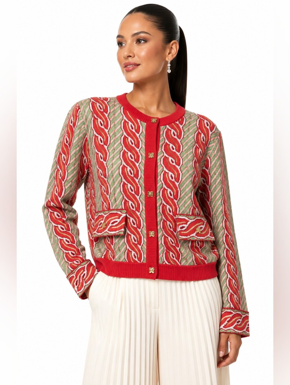 Celia B Lazos Cardigan Jacket L NWT $340 Multicolor Metallic Knit Gold Buttons